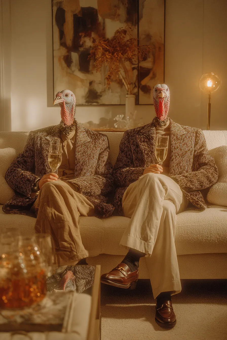 Two turkey-headed figures in suits sitting with champagne