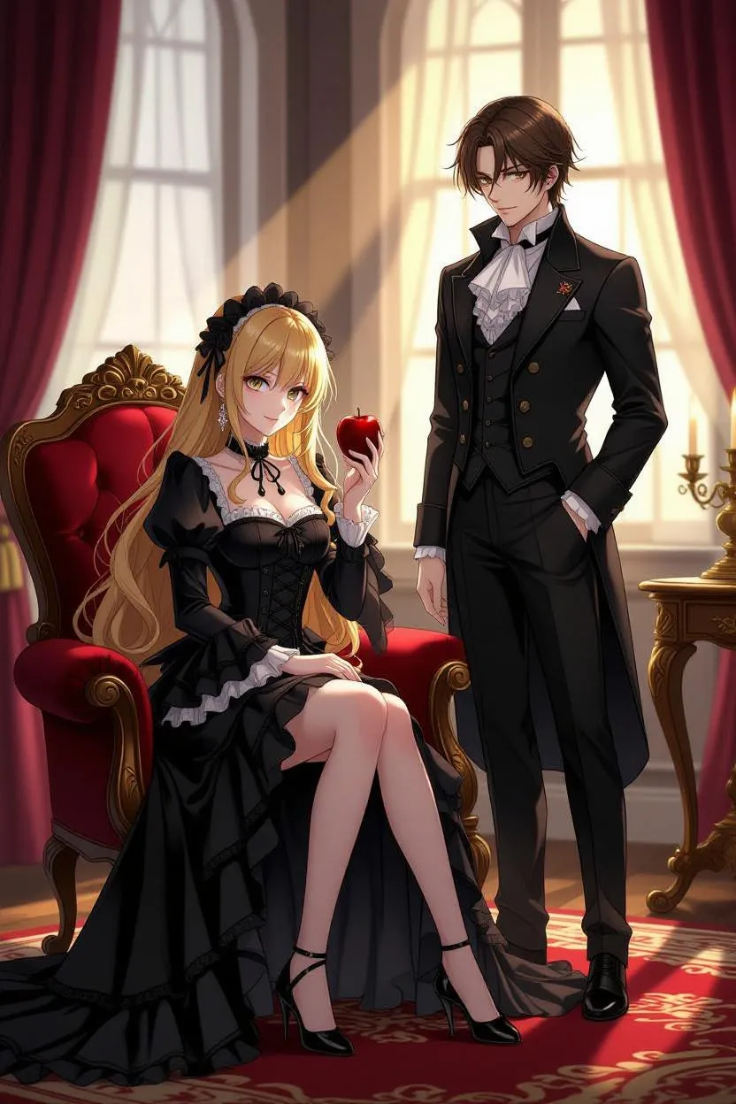 Gothic anime pair in a palace room with a red apple
