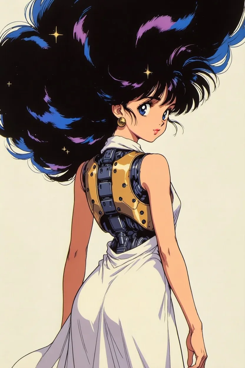 Retro anime woman with large hair and mechanical back details