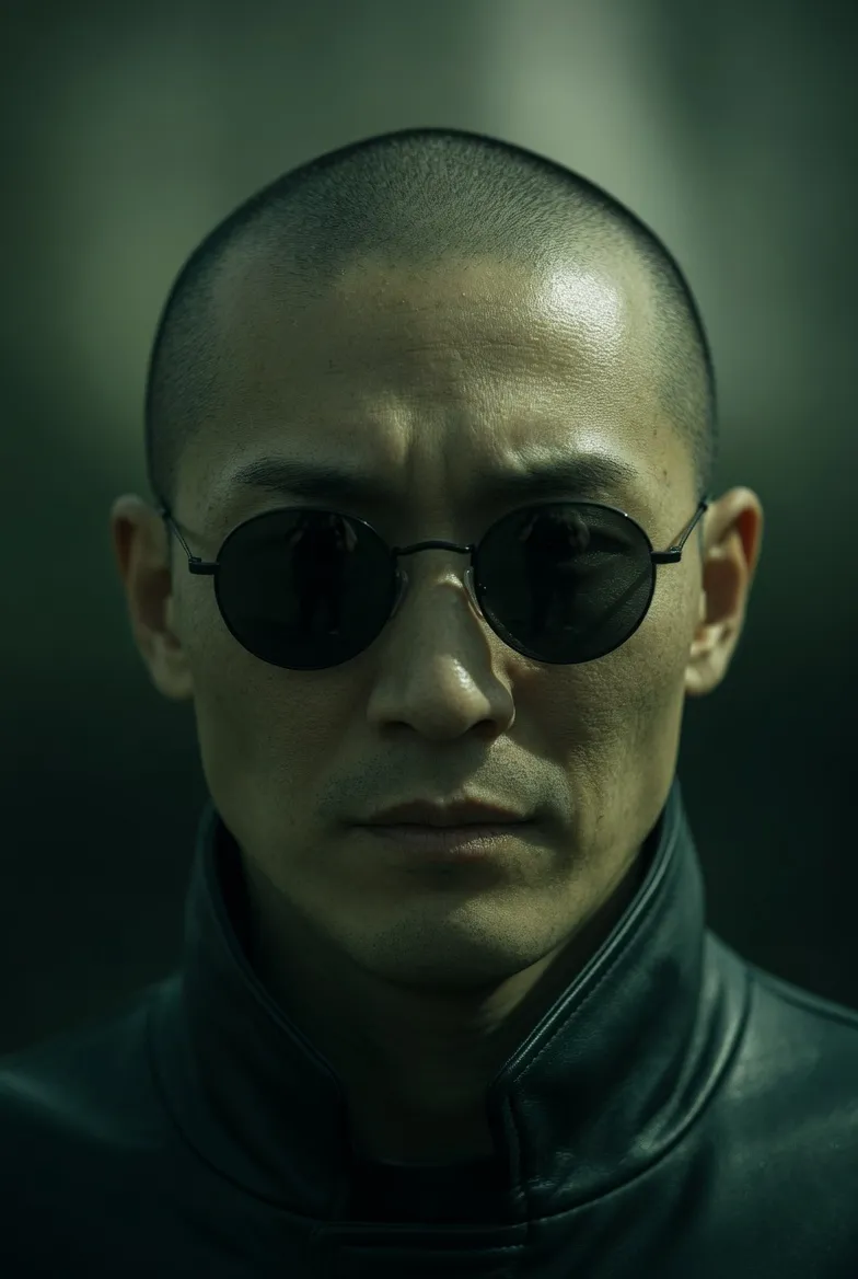 Bald man wearing round black sunglasses in green noir lighting