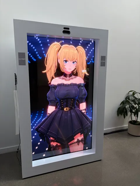 Virtual anime idol displayed in a standing booth screen