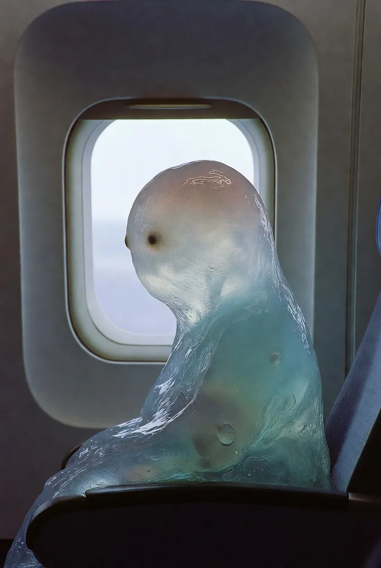 Translucent ghostlike passenger sitting beside an airplane window
