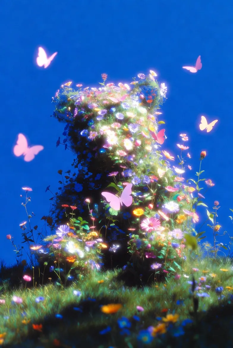 Glowing flower tower with butterflies against a blue sky