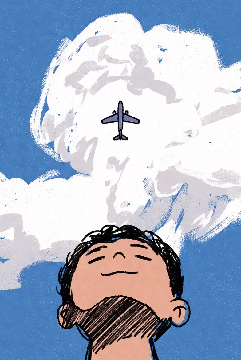 Illustrated child looking up at an airplane in cloud shapes