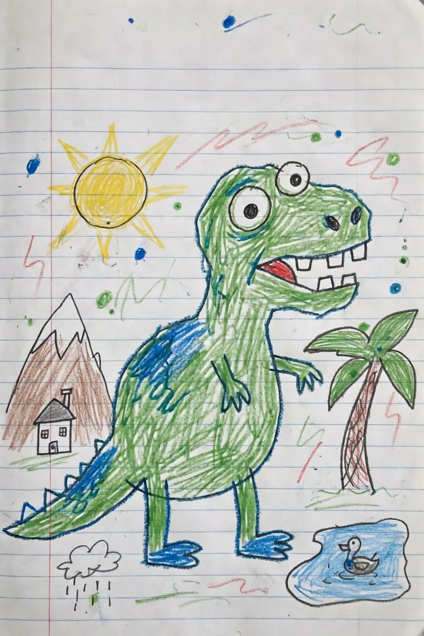 Childlike crayon drawing of a green dinosaur on notebook paper