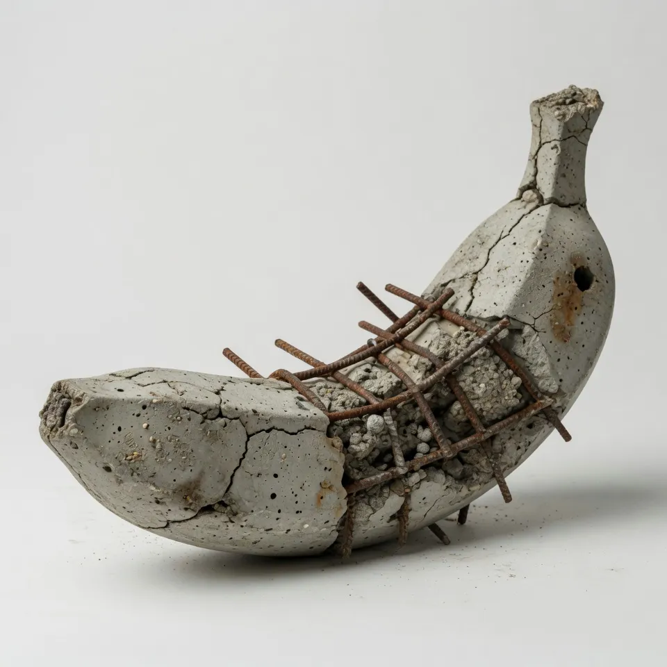 Cracked concrete banana sculpture with exposed rebar