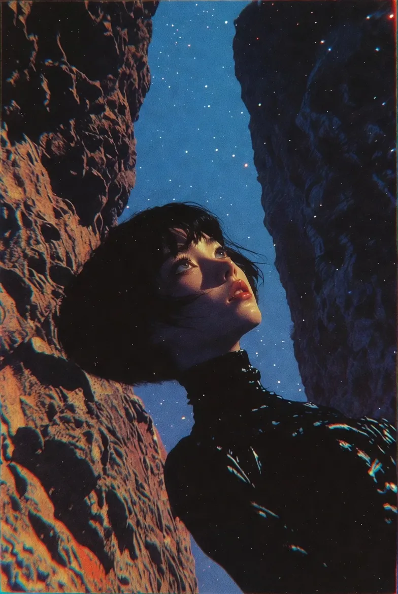 Woman in a rocky ravine beneath a starry sky