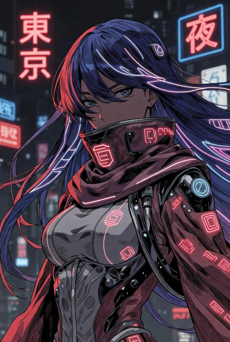 Cyberpunk anime woman in a neon Tokyo street