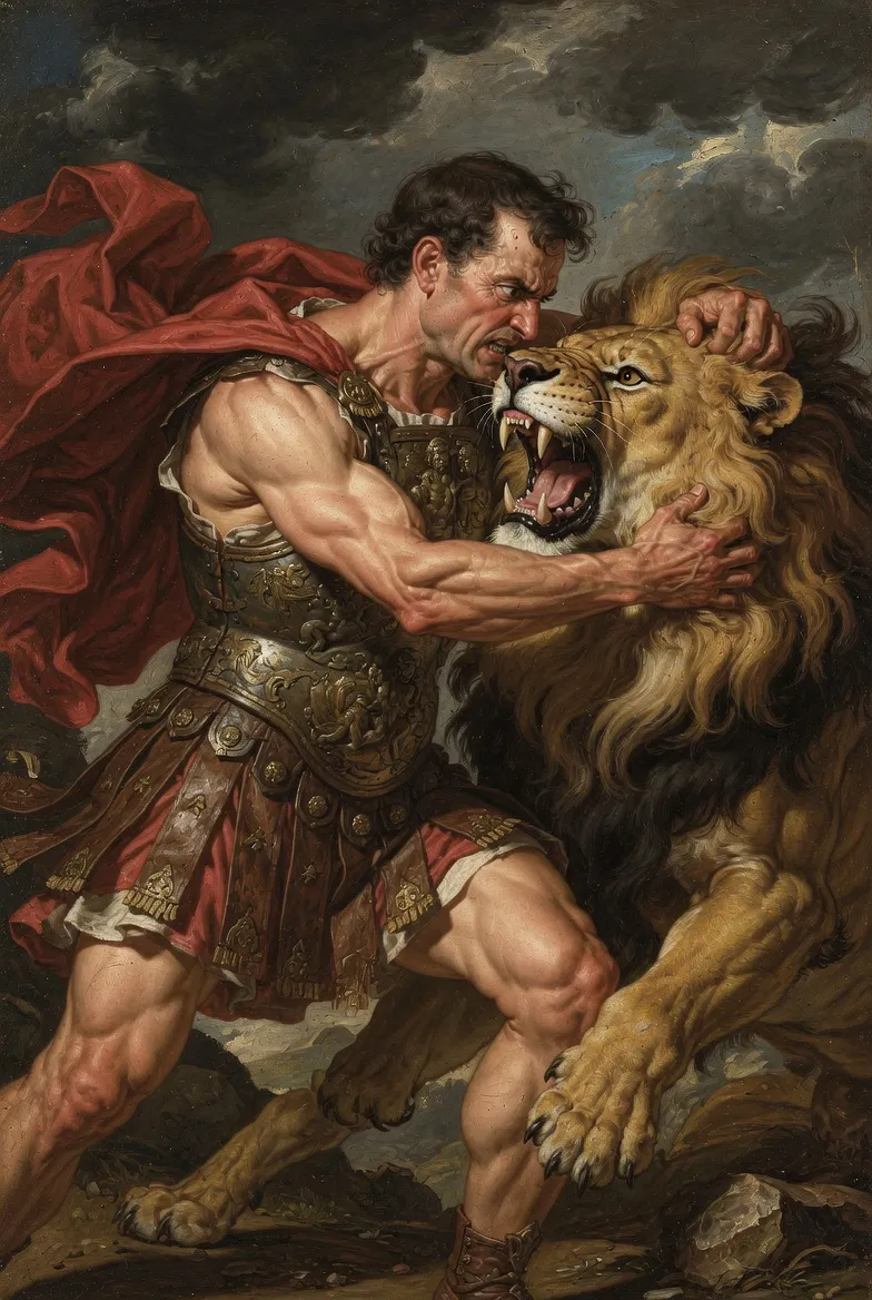 Classical warrior wrestling a roaring lion