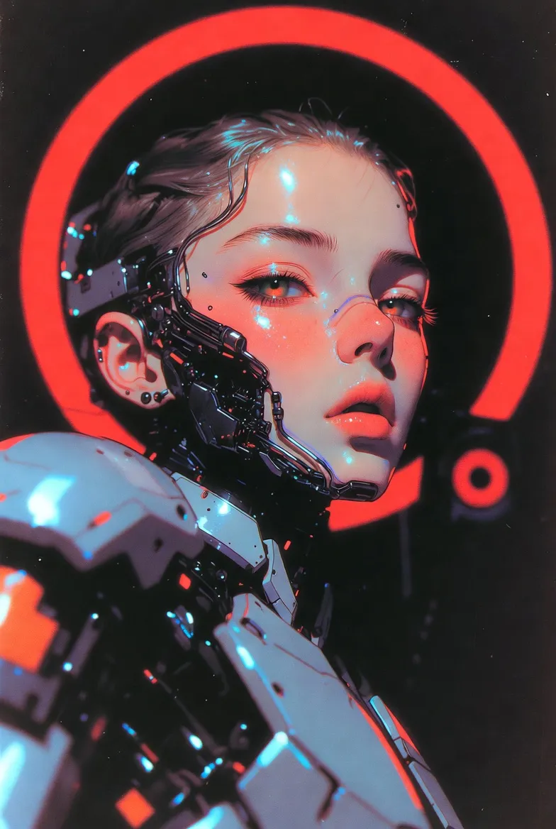 Android woman lit by a red circular halo