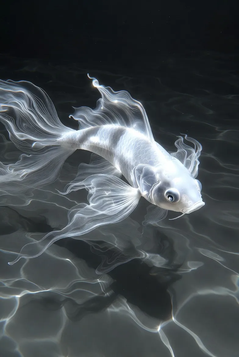 Glowing white koi swimming through dark water