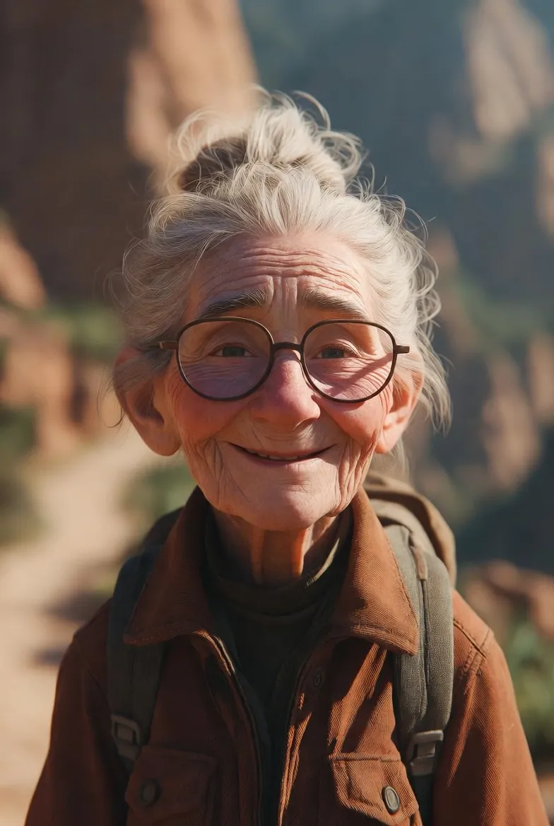 Smiling elderly woman with glasses in a canyon landscape