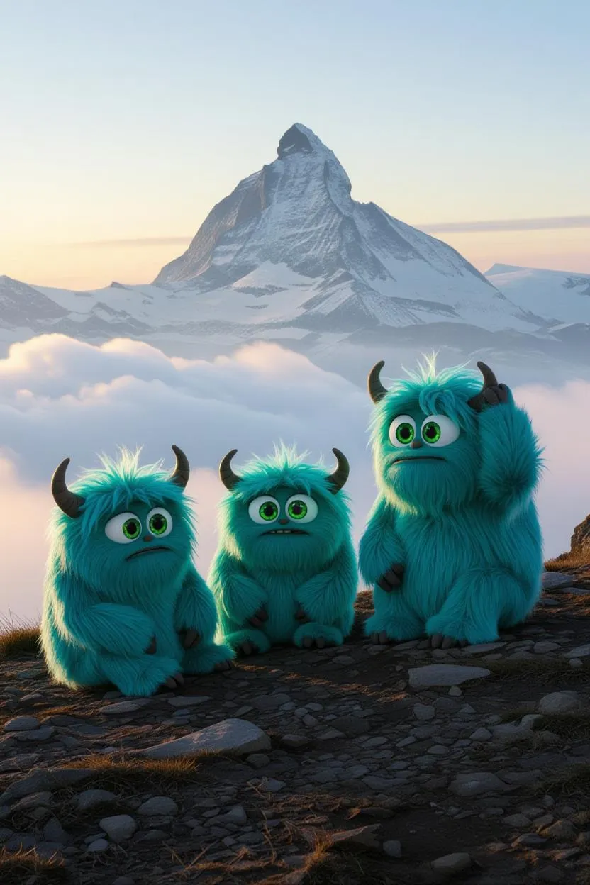Three fuzzy blue creatures on a mountain trail