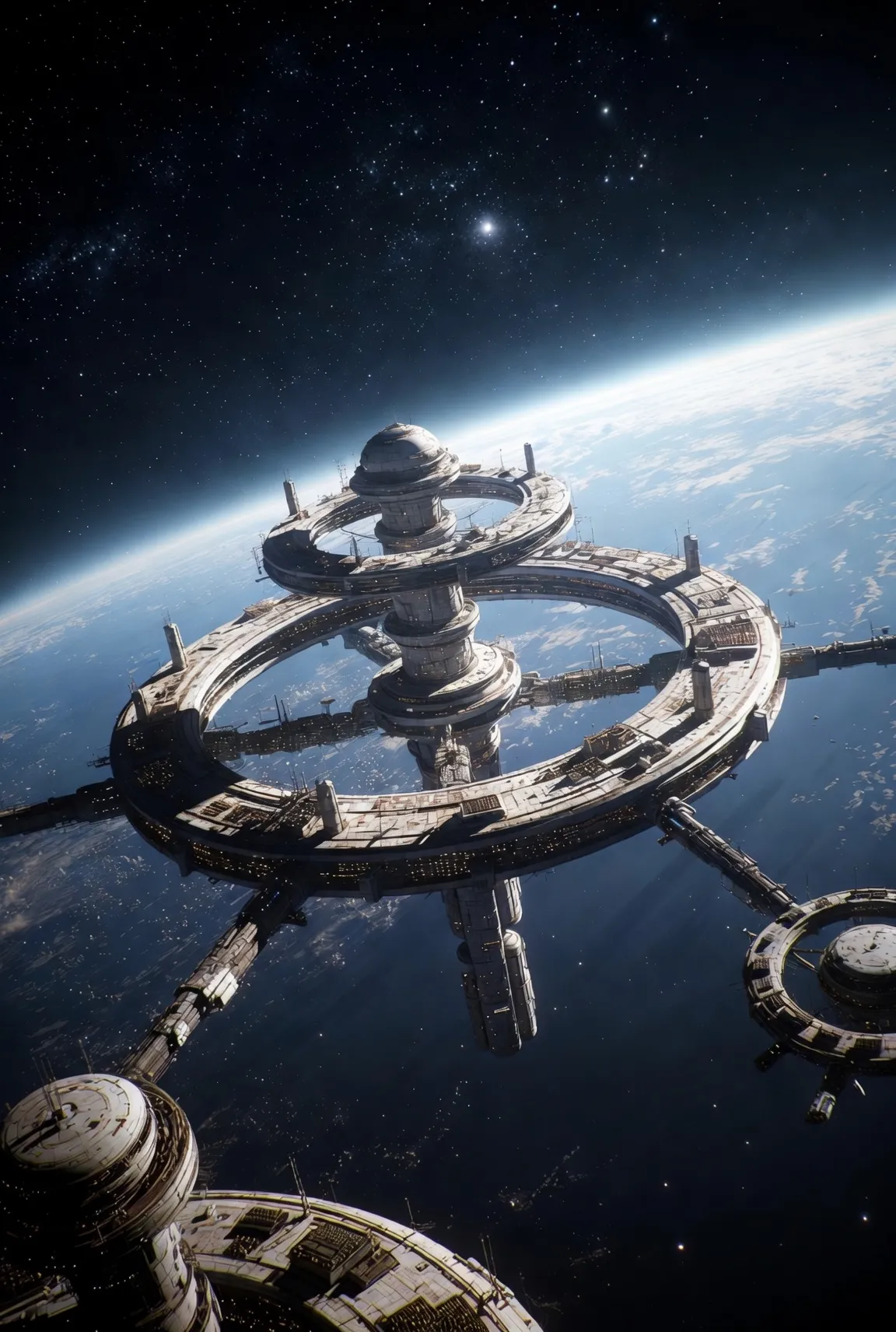 Large orbital space station above Earth